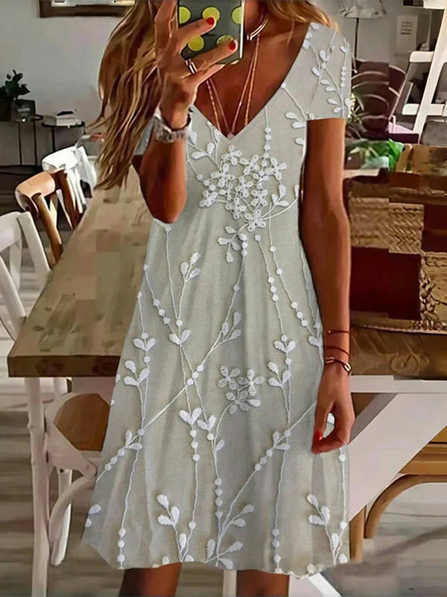 Vintage Leaf Print V-neck Short Sleeve Dress
