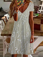 Vintage Leaf Print V-neck Short Sleeve Dress