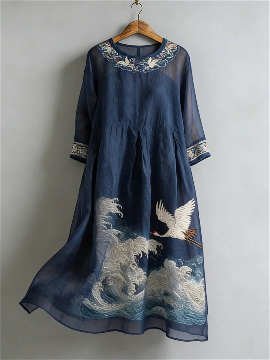 Cranes Sea Waves Japanese Art Flowy Round Neck Long Sleeve Maxi Dress