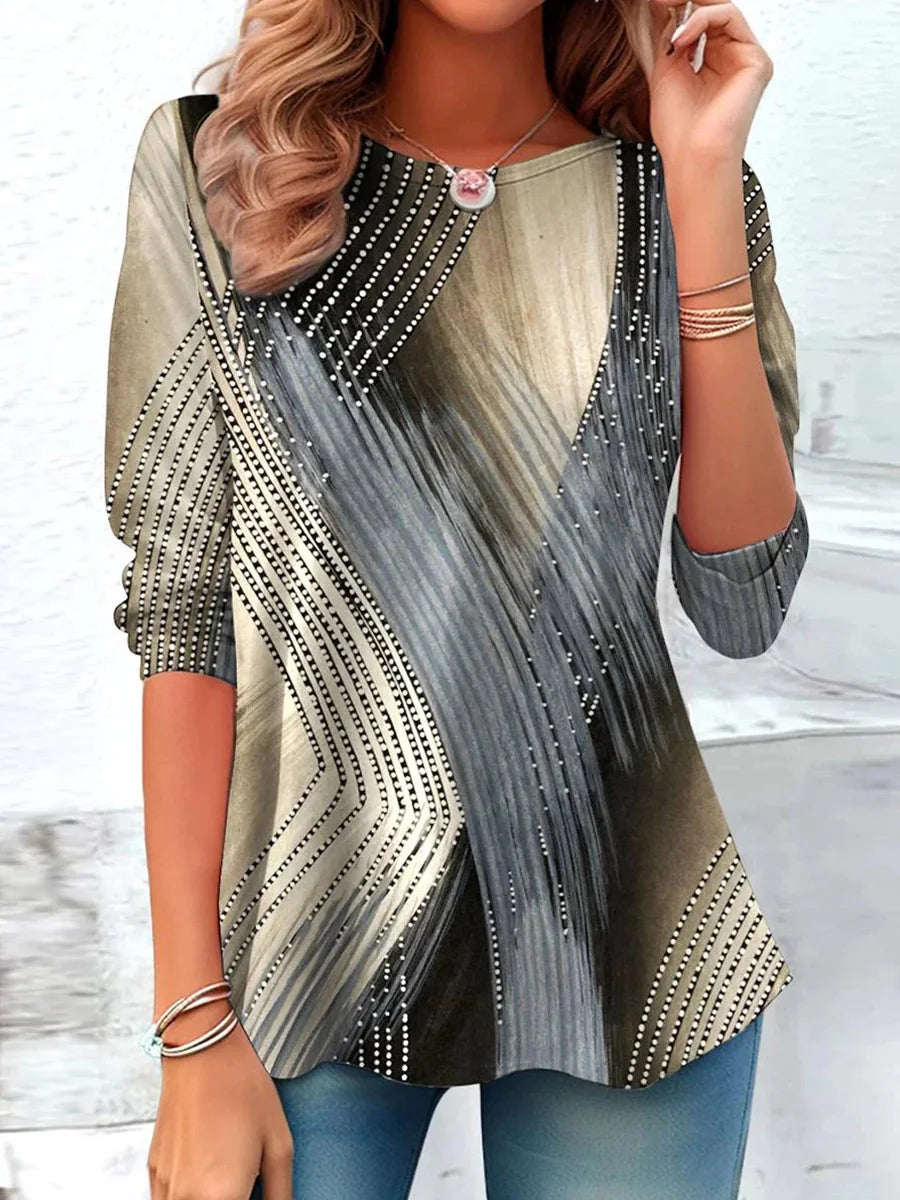 Chic Brown Abstract Print Round Neck Long Sleeve Top