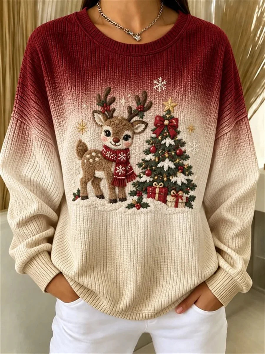 Women Casual Christmas Tree Round Neck Long Sleeve Sweatshirt