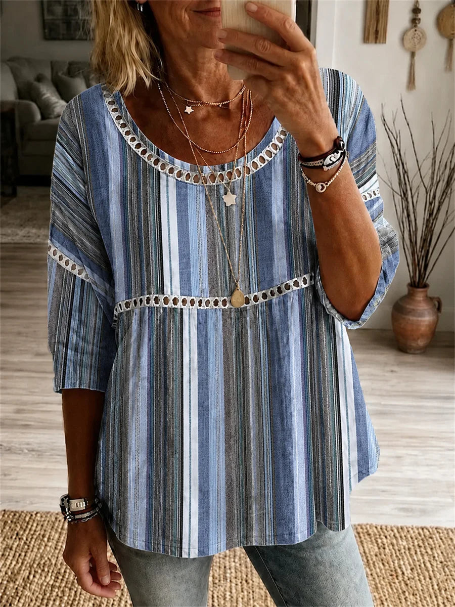 Round Neck Half Sleeve Striped Regular Micro-Elasticity Loose Blouse