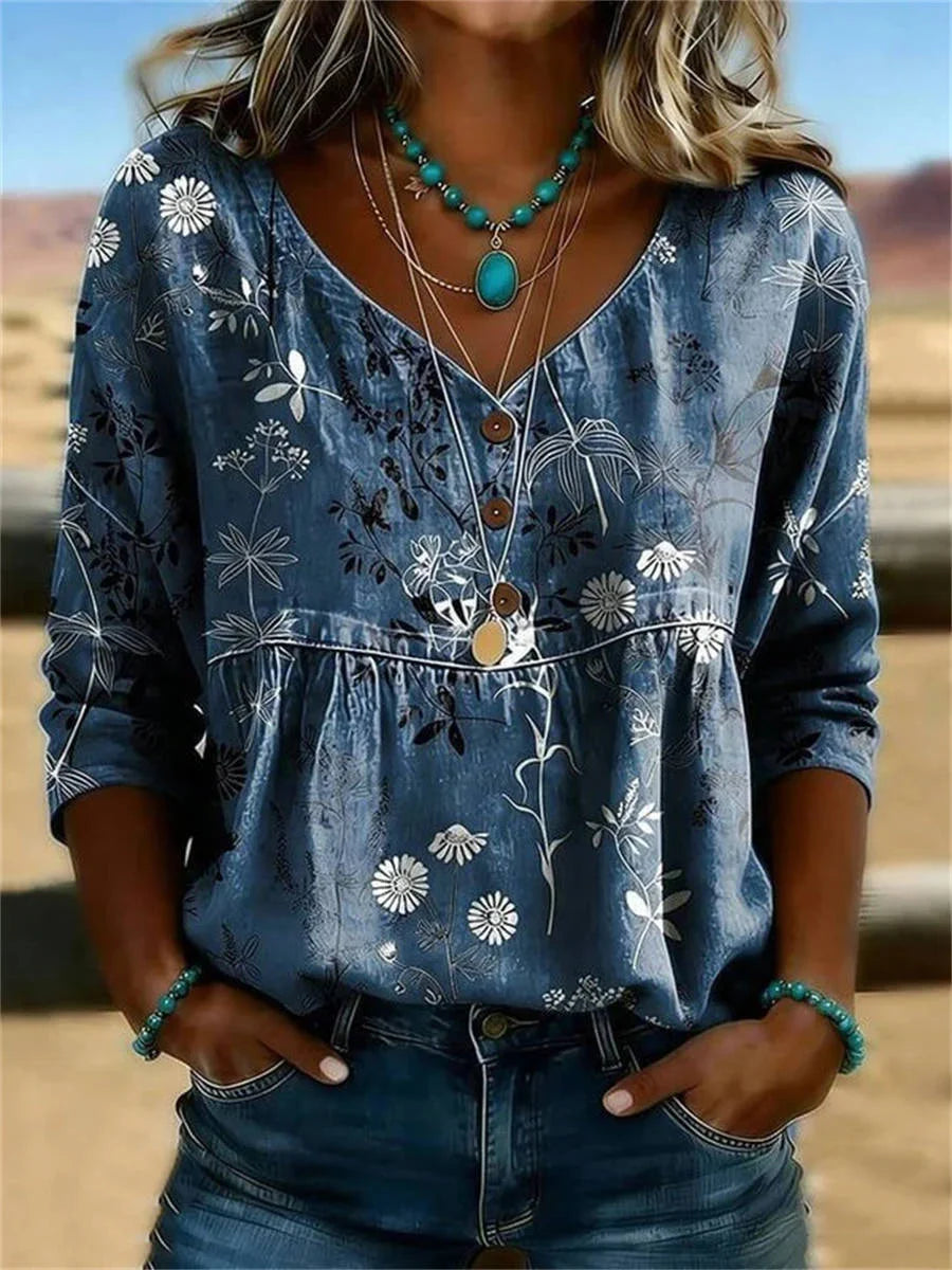 Vintage Floral Print V-neck Long Sleeve Blouse