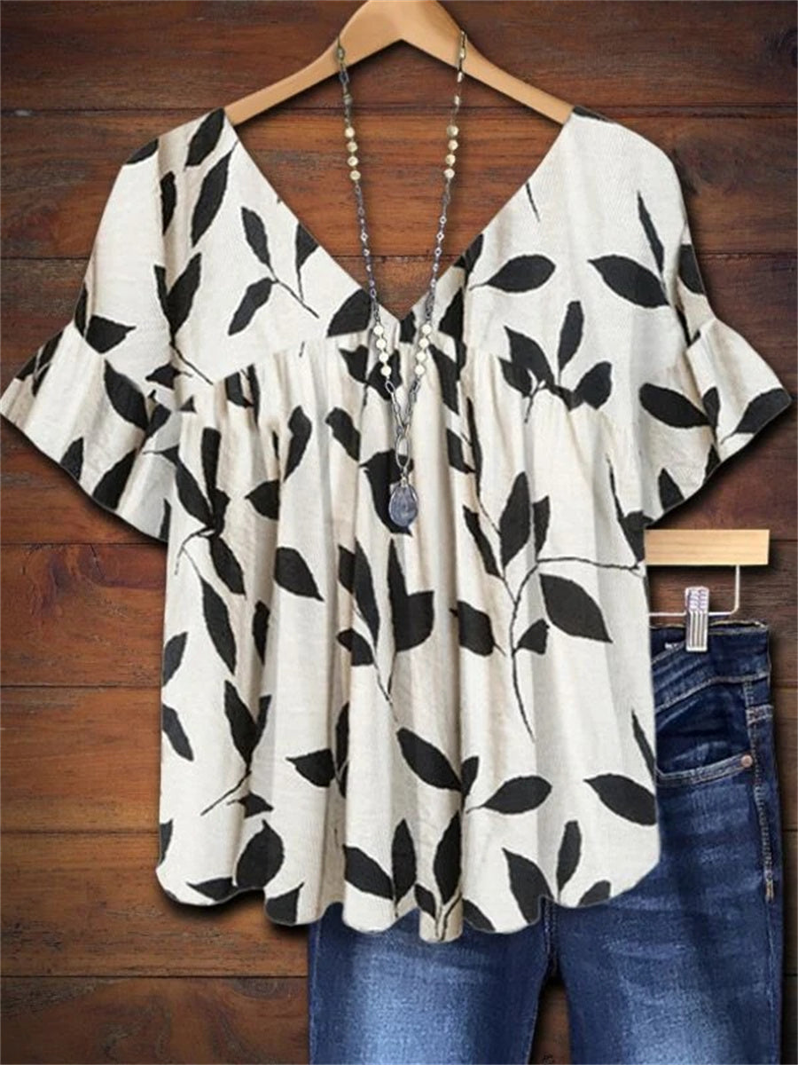 Women's V-Neck Leaf Print Loose Fit Short Sleeve Blouse