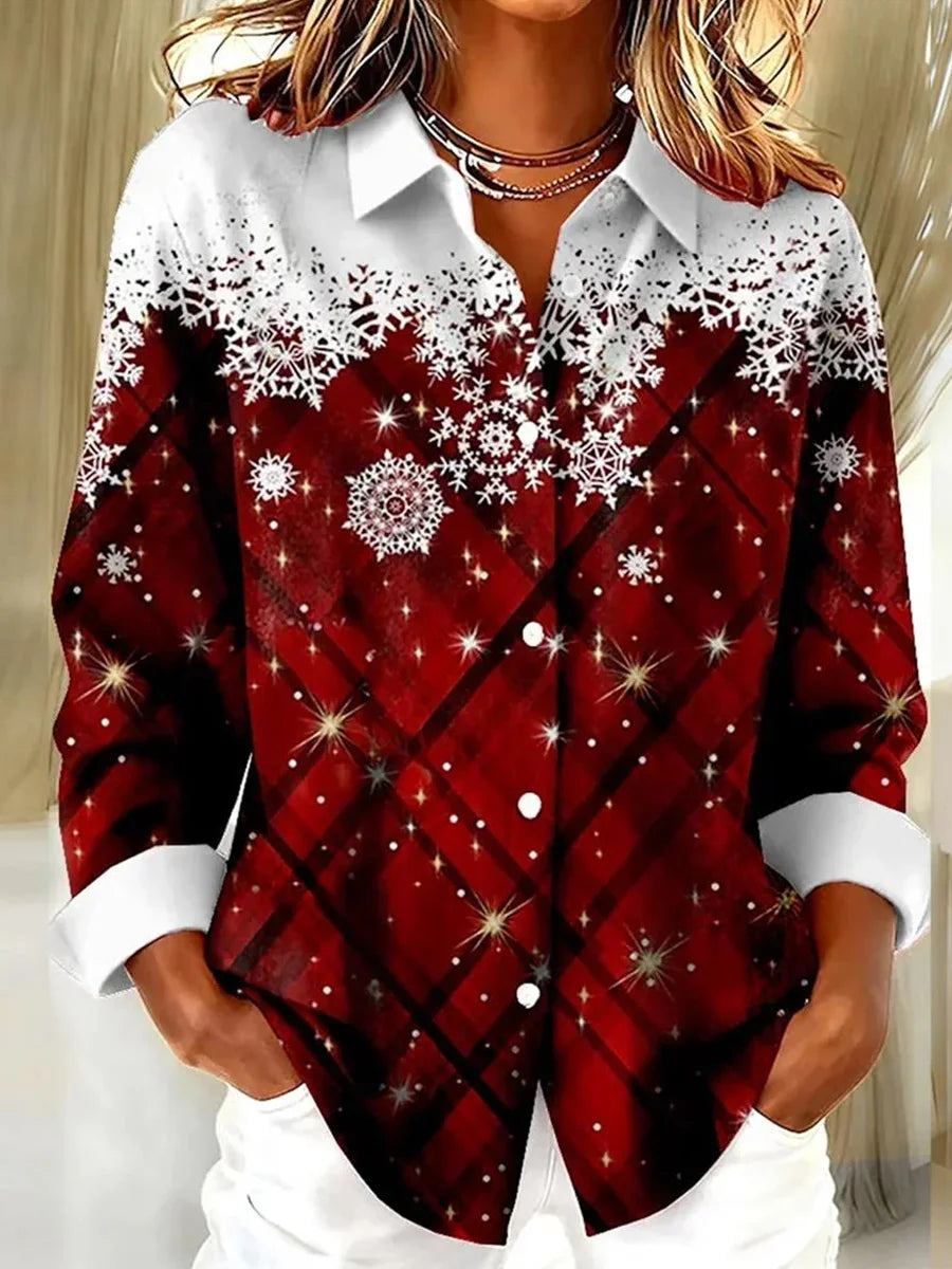 Festive Red Snowflake Print Long Sleeve Shirt
