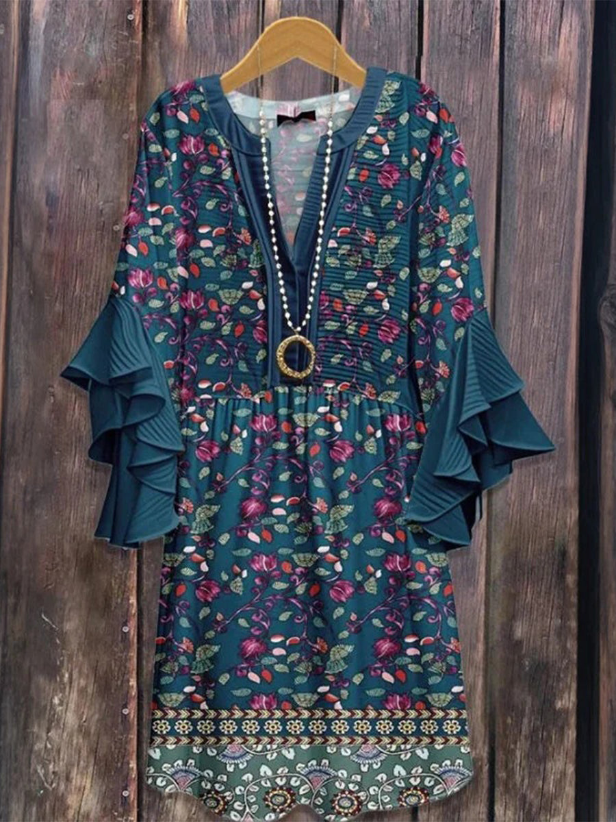 Vintage Floral Print V-neck 3/4 Sleeve Dress