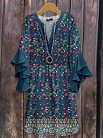 Vintage Floral Print V-neck 3/4 Sleeve Dress