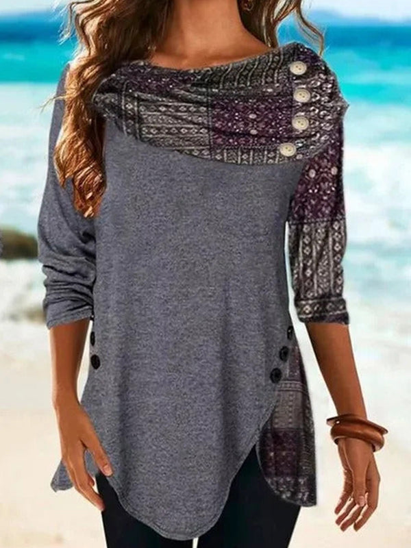Gray Casual Tops Round Neck Long Sleeve Patchwork Sweatshirt
