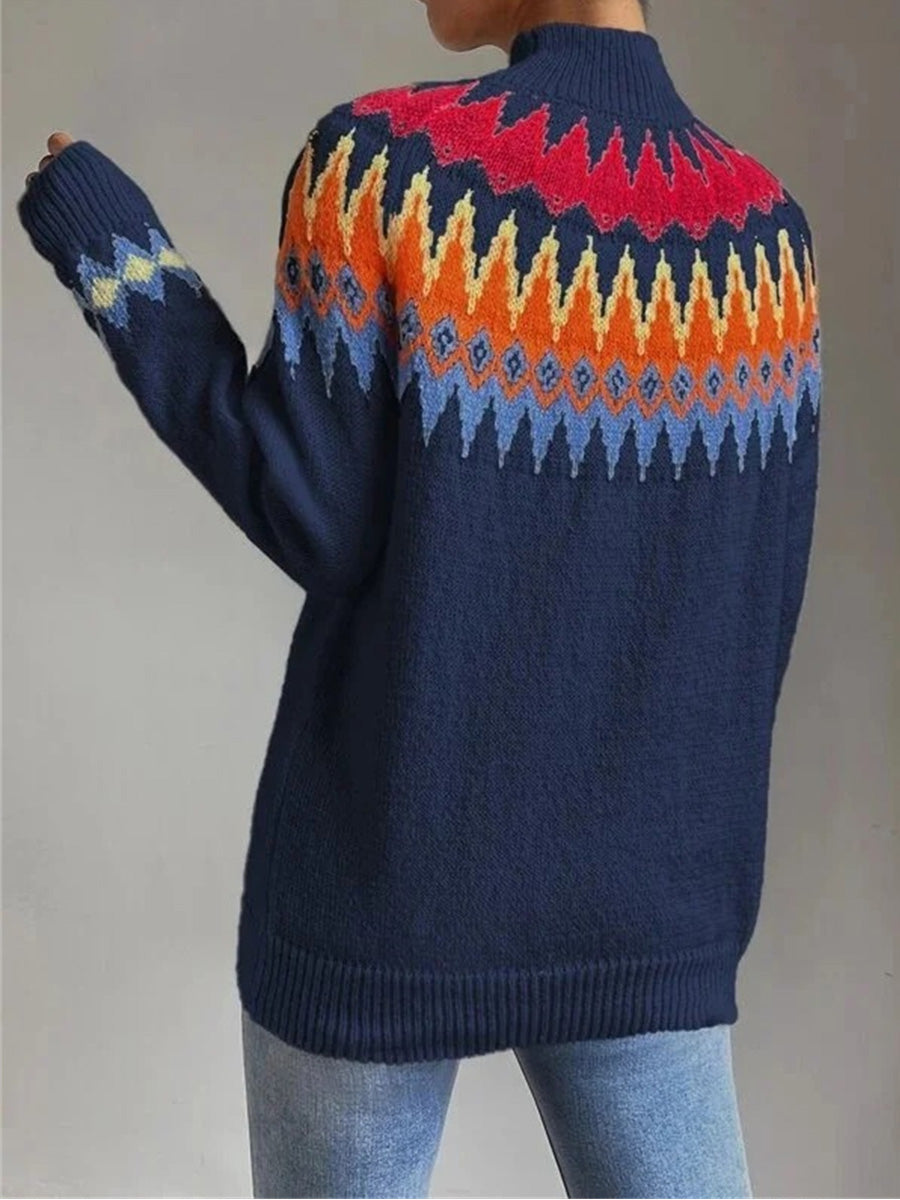Blue Geometric Boho Turtleneck Sweater