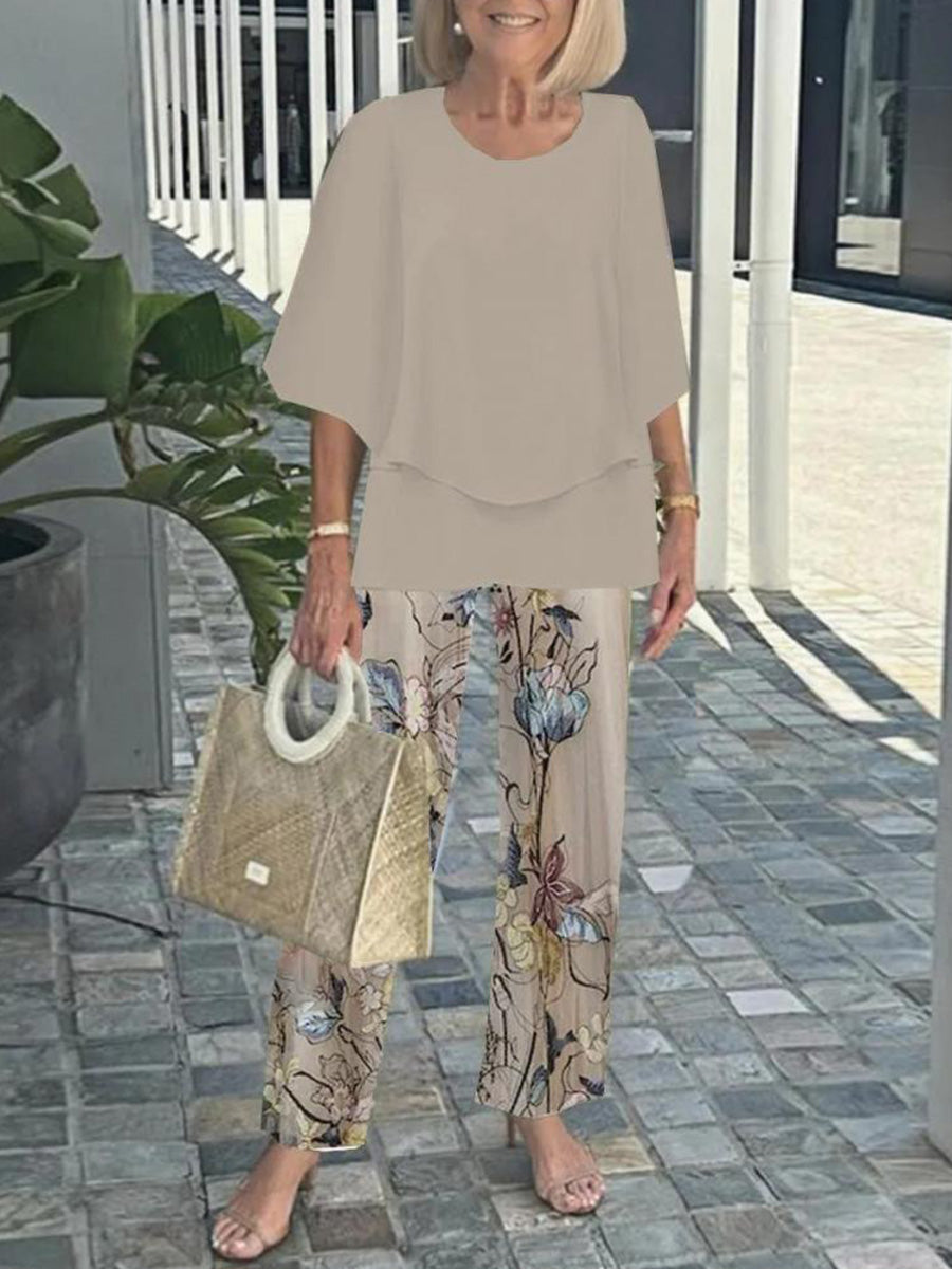 Stylish Khaki Floral Print Round Neck 3/4 Sleeve Two Piece Set