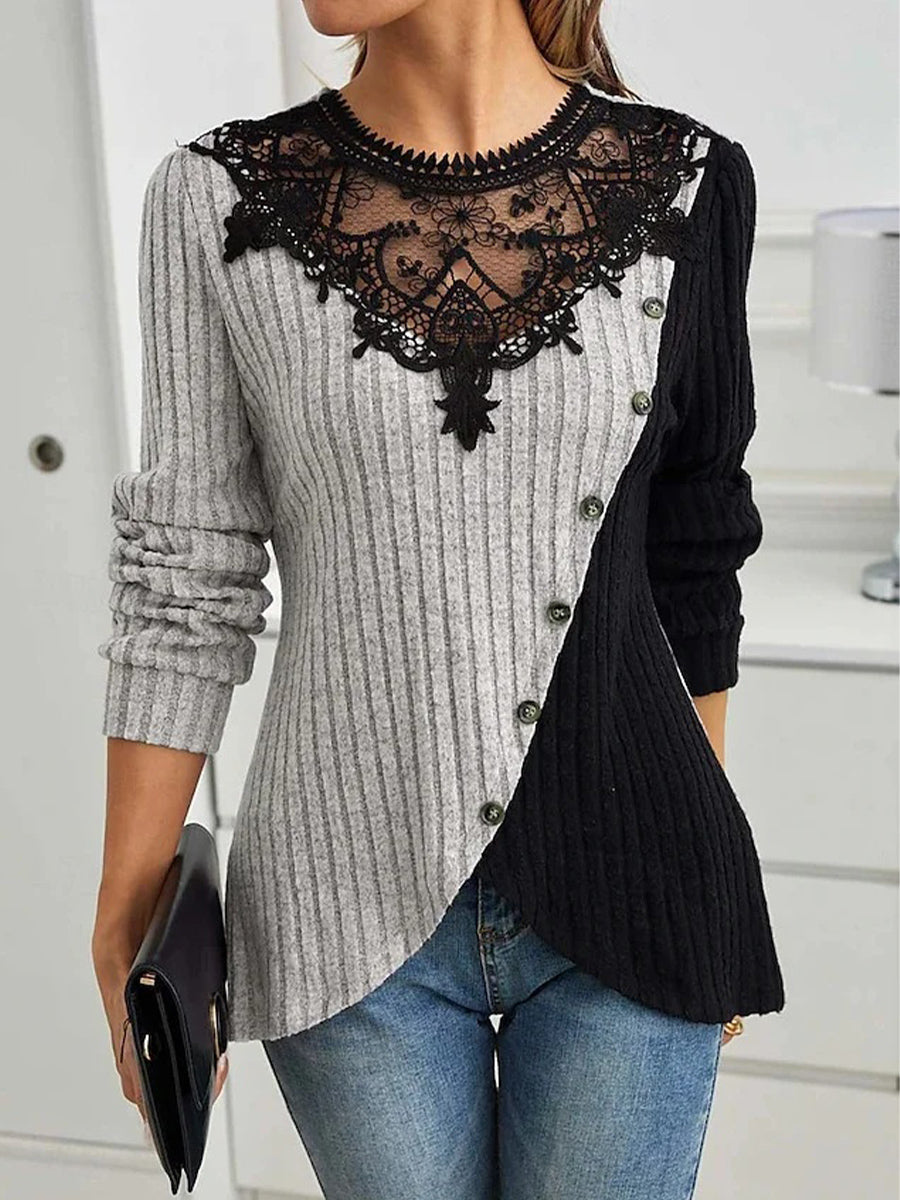 Slim Fit Lace Round Neck Long Sleeve Sweater