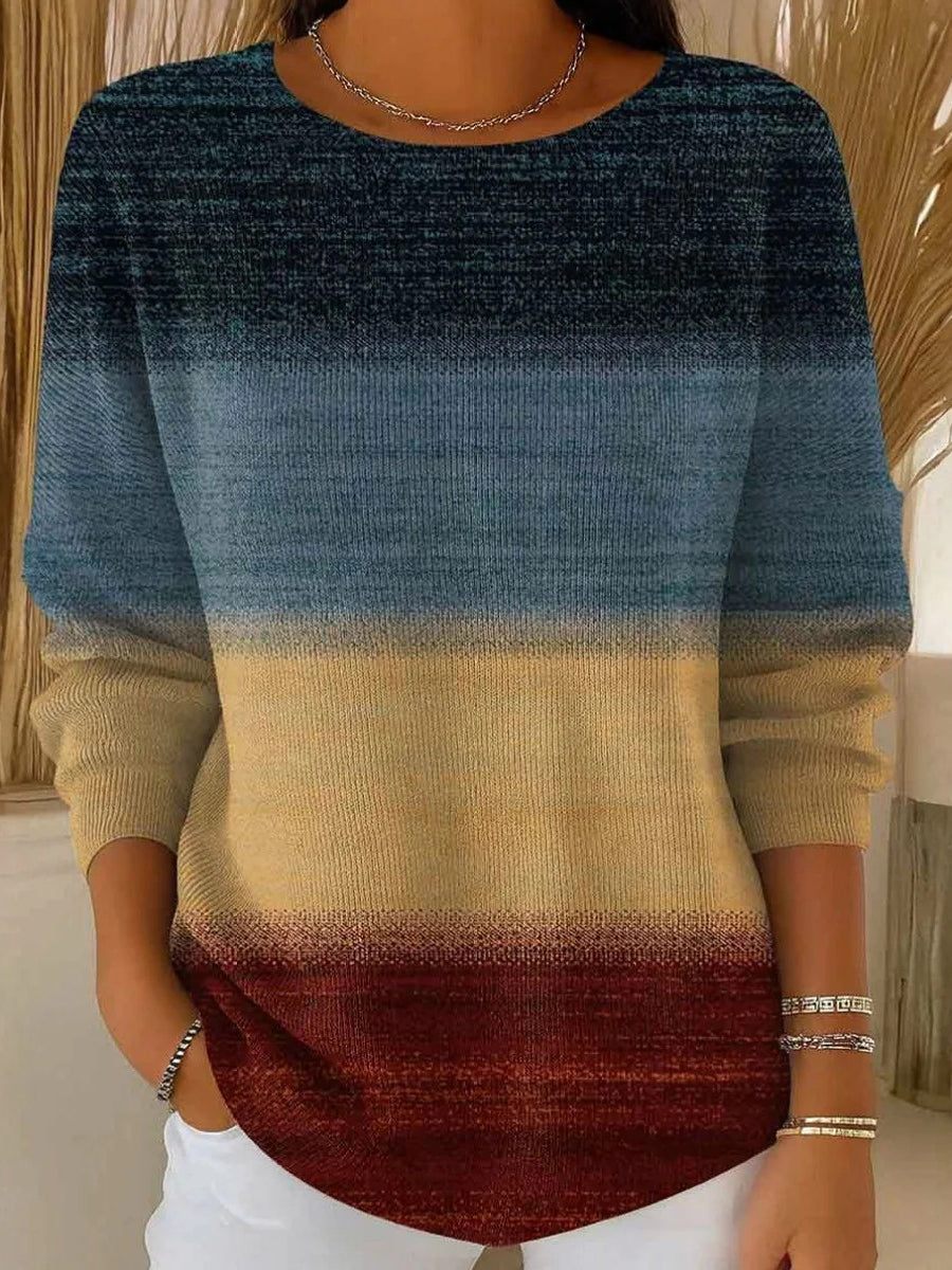 Striped Print Round Neck Long Sleeve Sweater