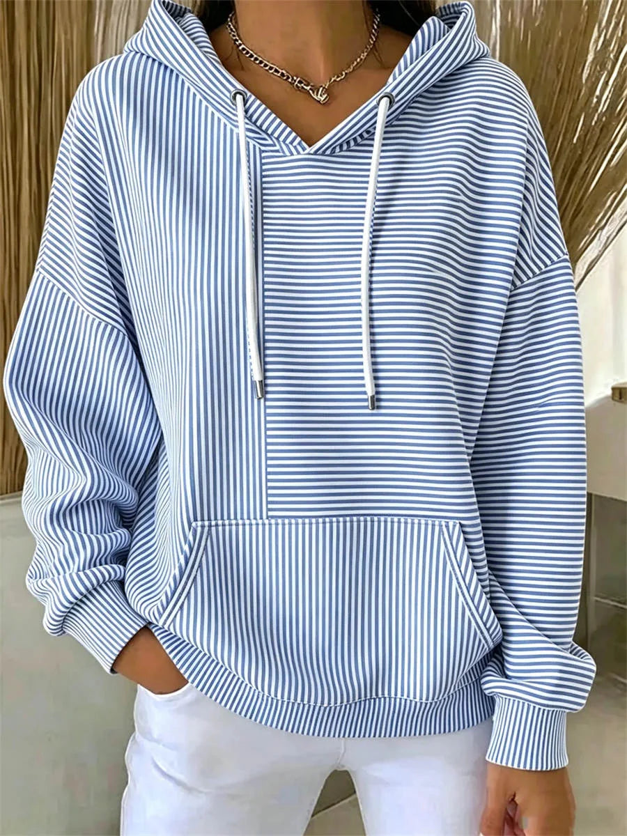 Casual Striped Art Printing Long Sleeve Soft Loose Hoodie