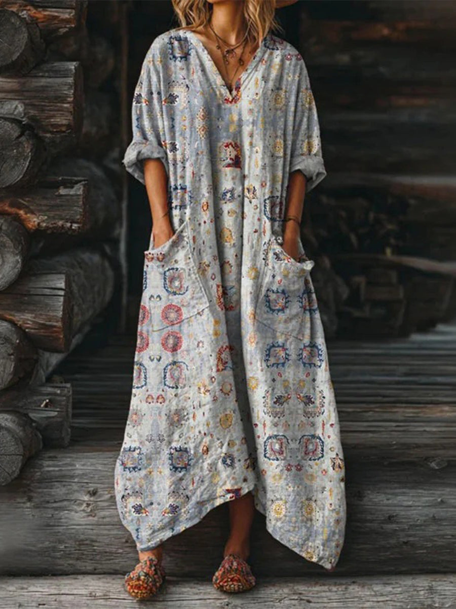 Casual Vintage V-neck Long Sleeve Dress