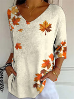 Women's Autumn Maple Leaf Printed V-neck 3/4 Sleeve T-Shirt
