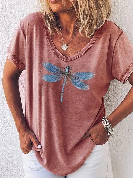 Women's Casual V-Neck Dragonfly Print Short Sleeve T-Shirt Top