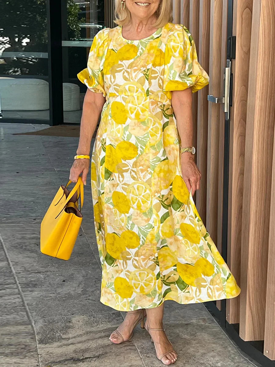Cheerful Yellow Lemon Print Round Neck Short Sleeve Maxi Dress