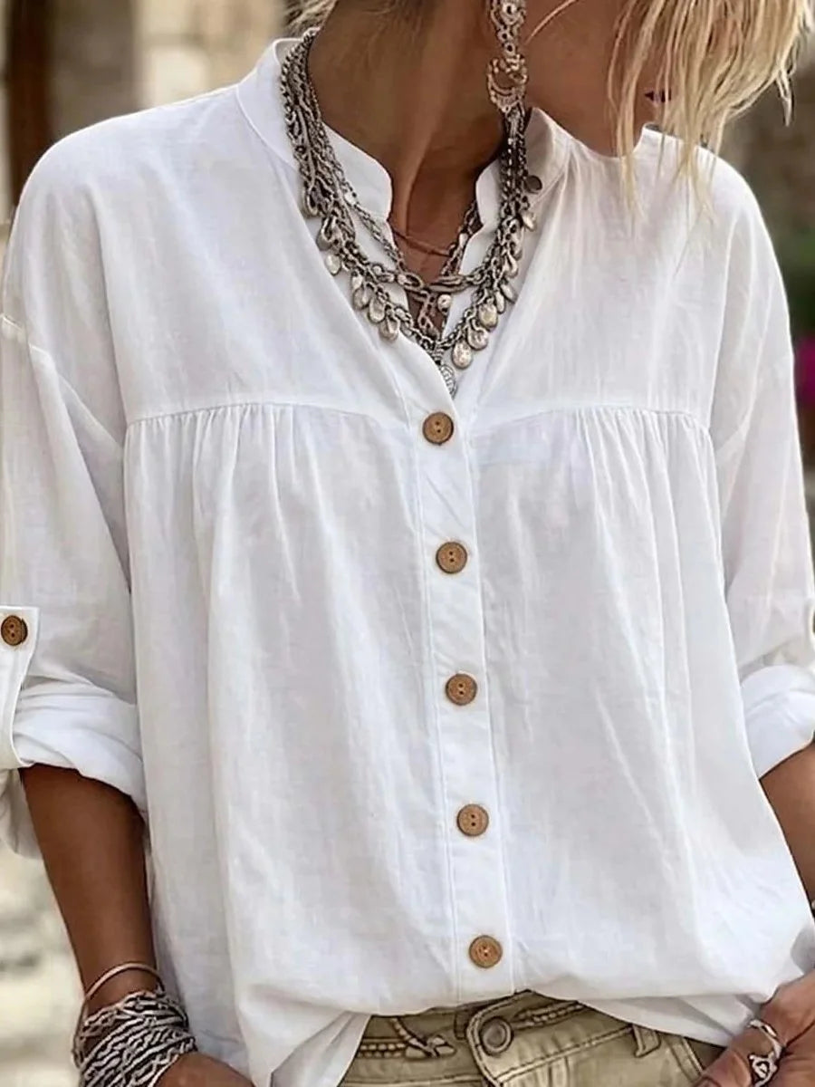Oversized White Linen Stand Collar Roll Tab Sleeve Shirt
