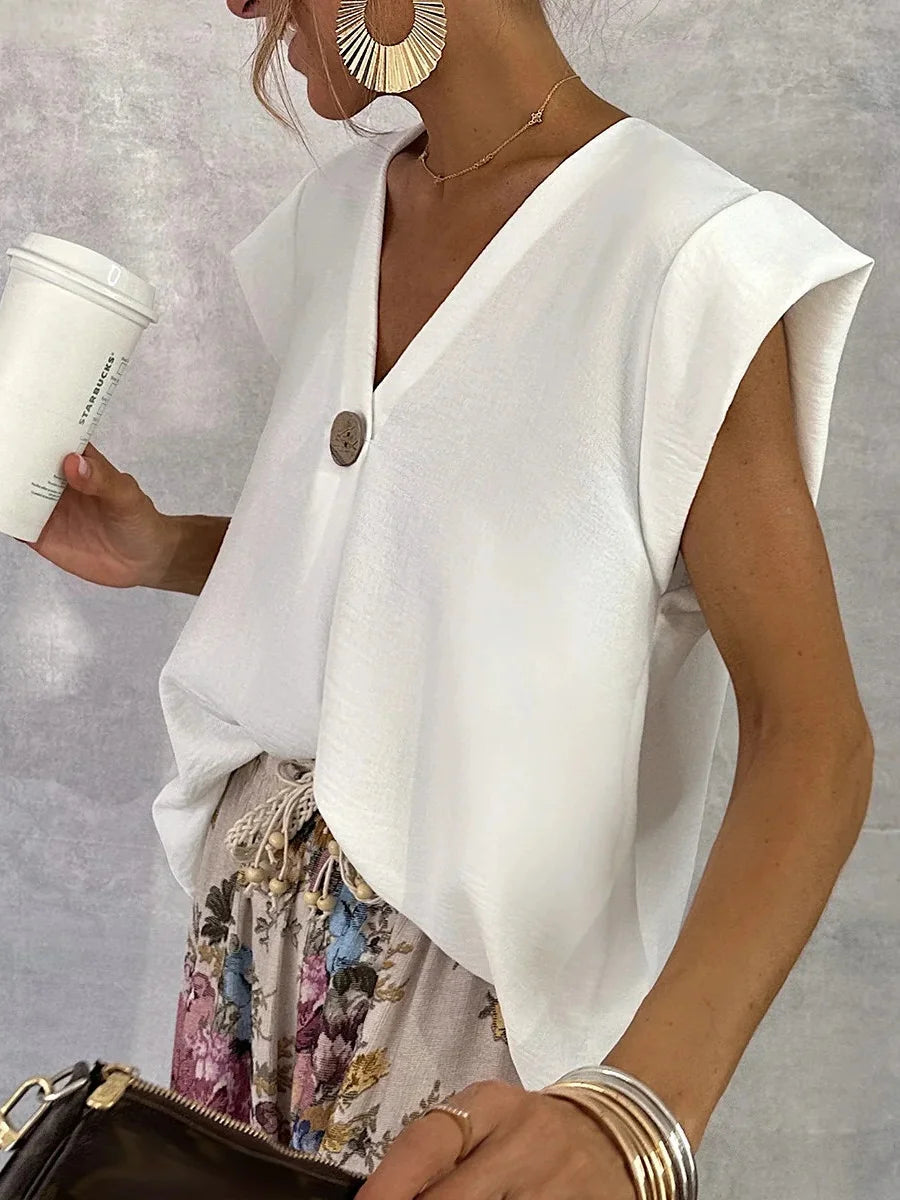 White V-Neck Cap Sleeve Casual Blouse