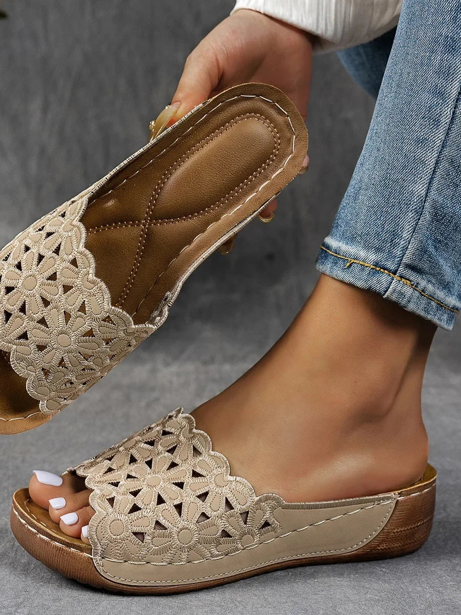 Vintage Floral Slip On Low Heel Slide Sandals
