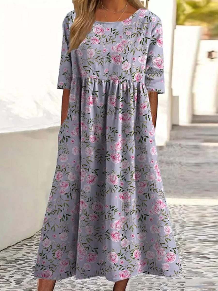 Floral Print Short Sleeve Round Neck Midi Dress