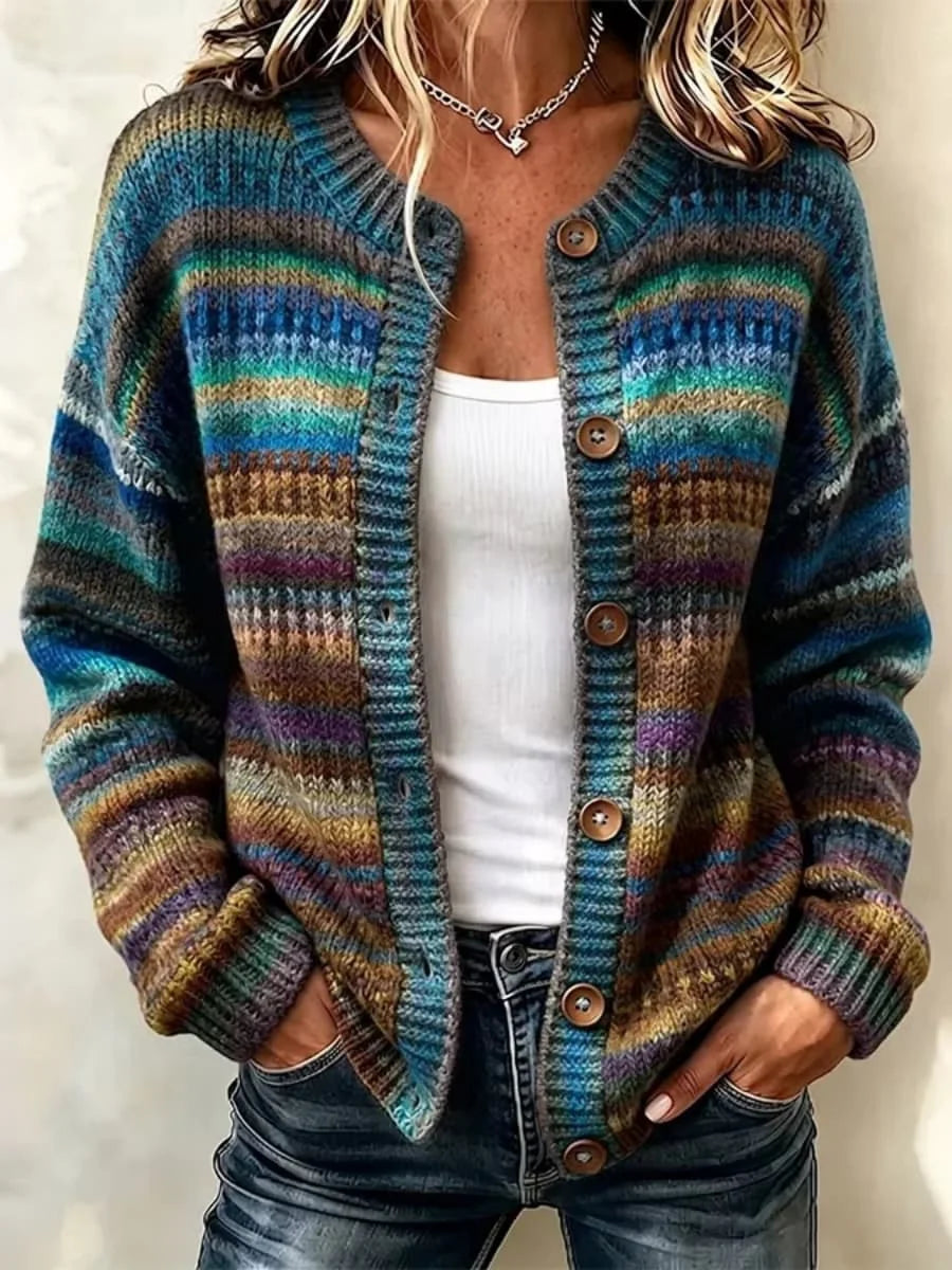 Women's Bohemian Retro Striped Gradient Art Print Knit Button Crew Neck Long Sleeve Cardigan