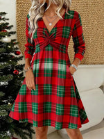 Red Plaid V-Neck Long Sleeve Front Twist Knot Mini Dress
