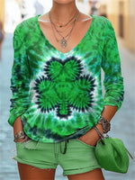 Tie-Dye Shamrock Print V-neck Long Sleeve T-Shirt