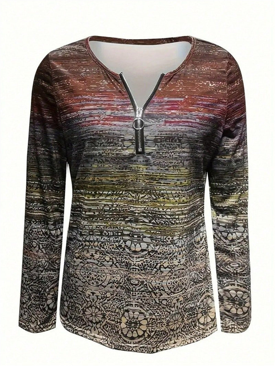 Crew Neck Long Sleeve Geometric Zipper Blouse