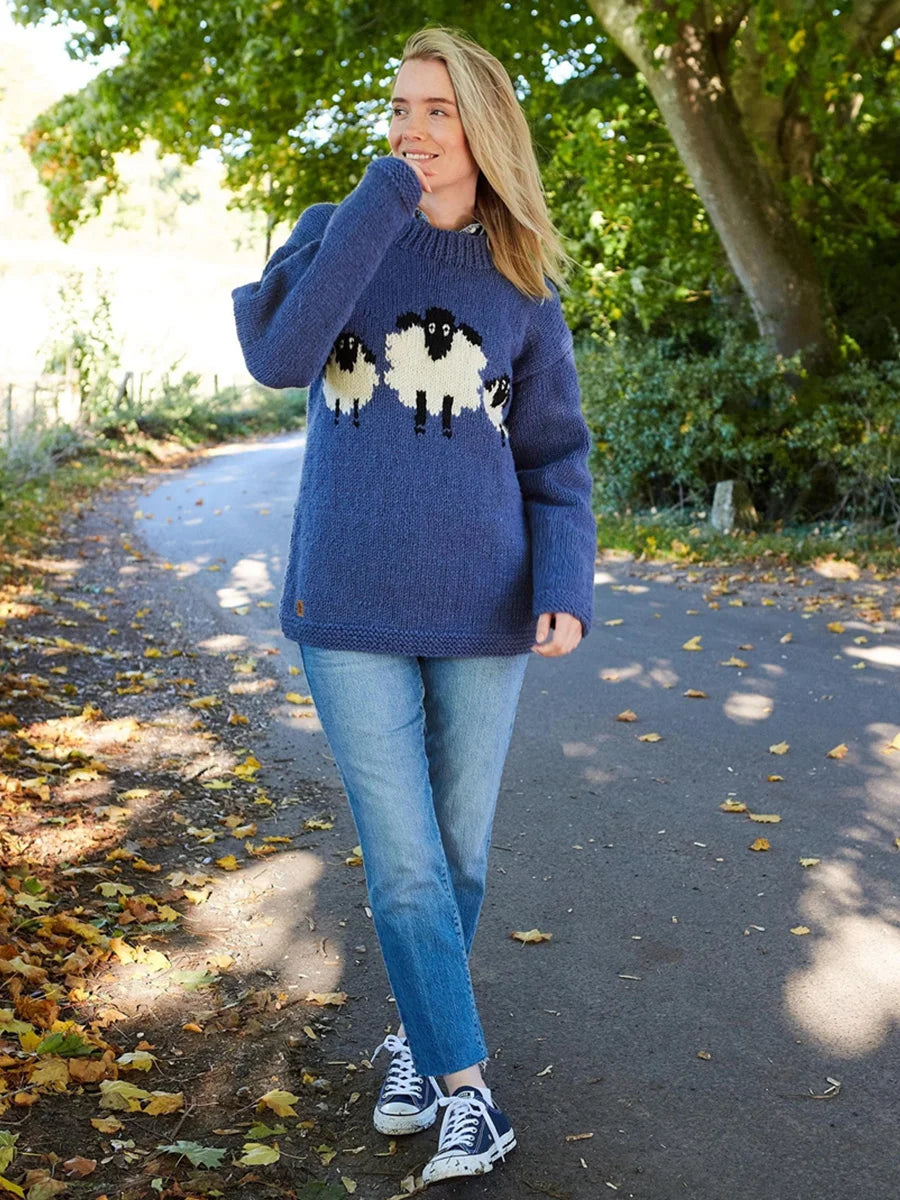 Blue Sheep Jumper Round Neck Long Sleeve Sweater