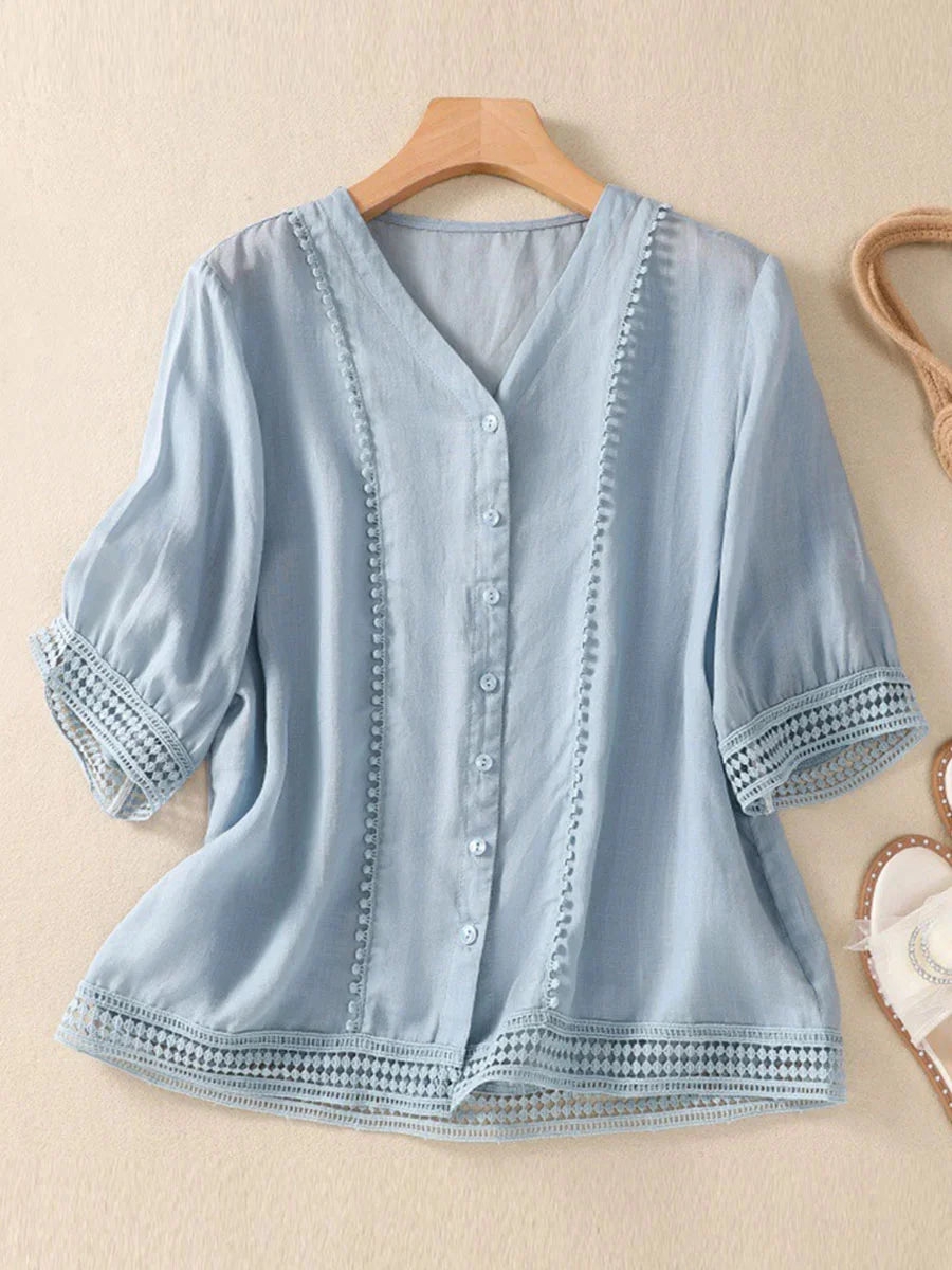 Women's V-neck 3/4 Sleeve Crochet Casual Shirt