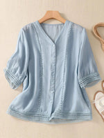 Women's V-neck 3/4 Sleeve Crochet Casual Shirt