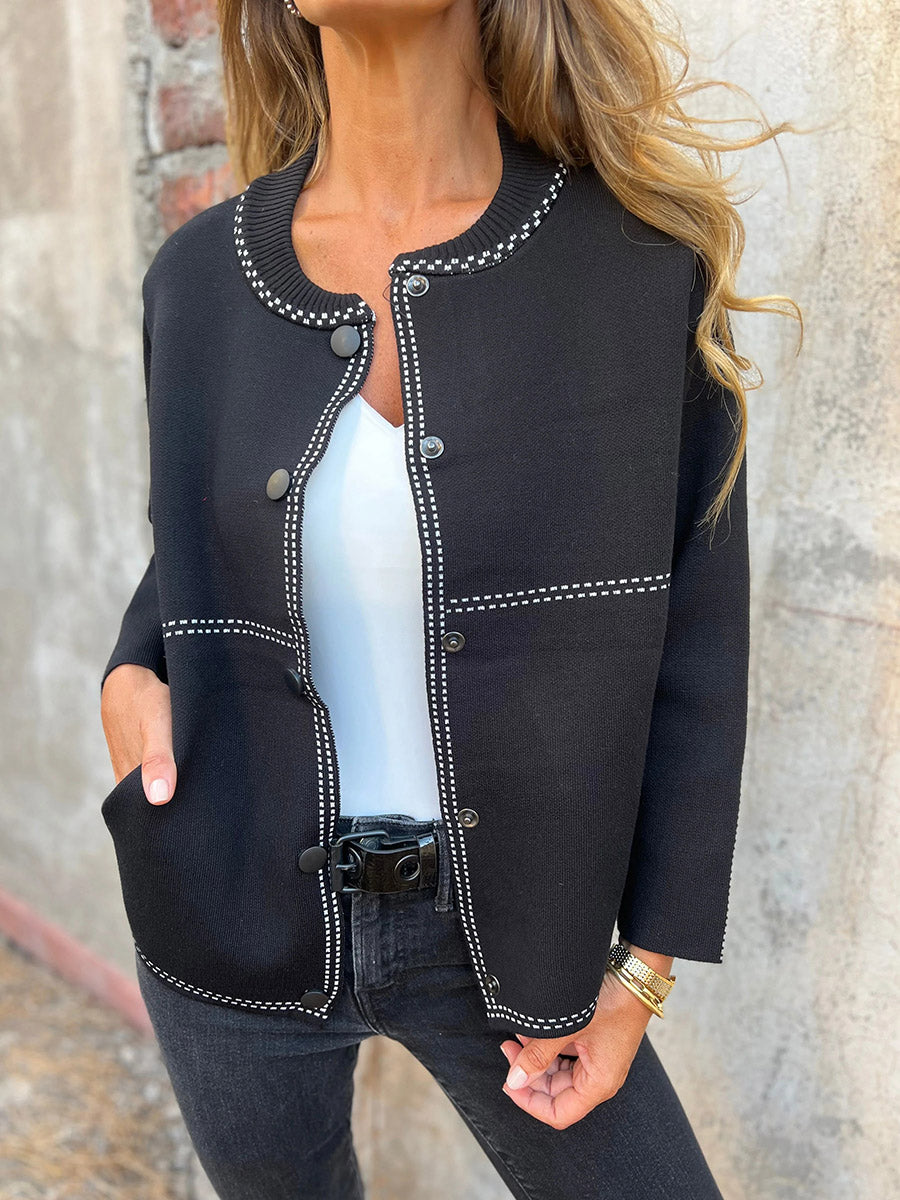ChicButton-Front Long Sleeeve Jacket with Contrast Stitching
