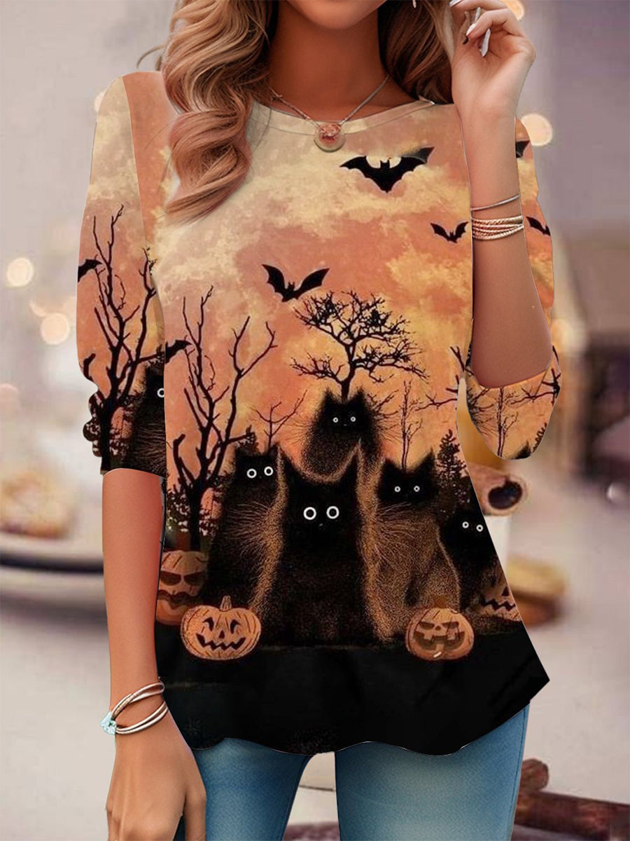 Orange Holloween Cat Printed Crew Neck Blouse