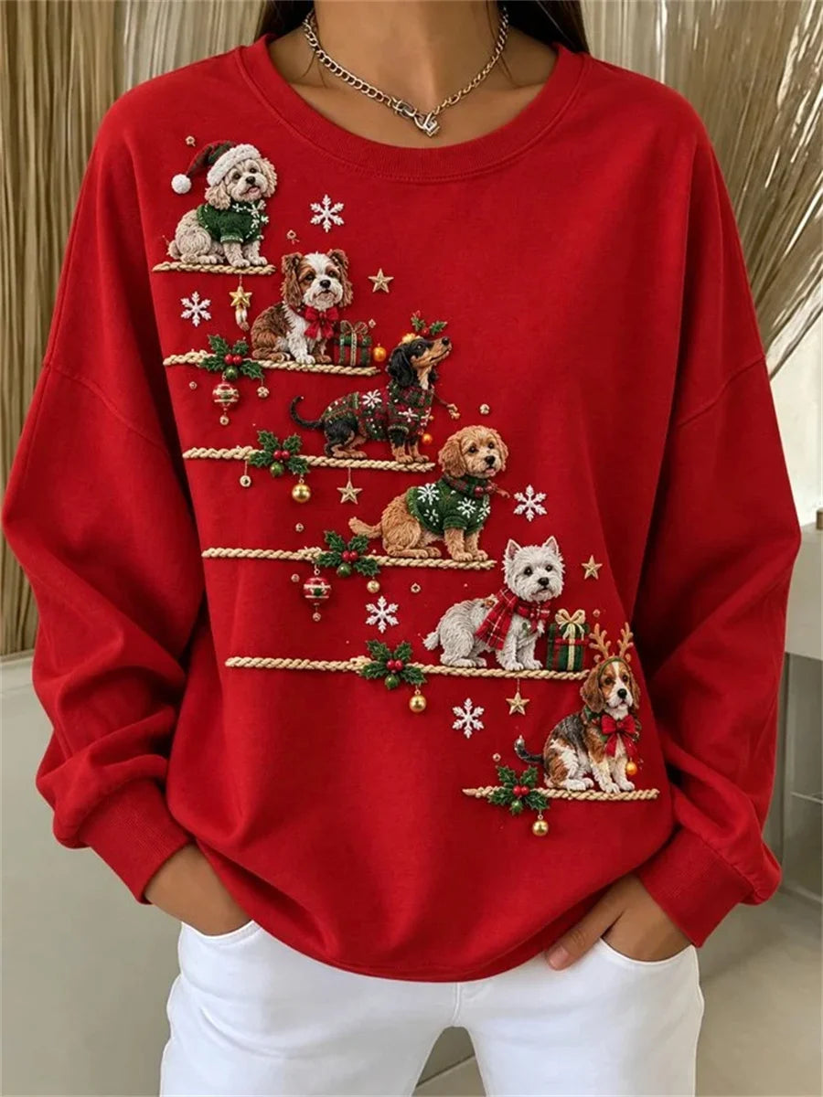 Women Casual Christmas Pet Round Neck Long Sleeve Sweatshirt