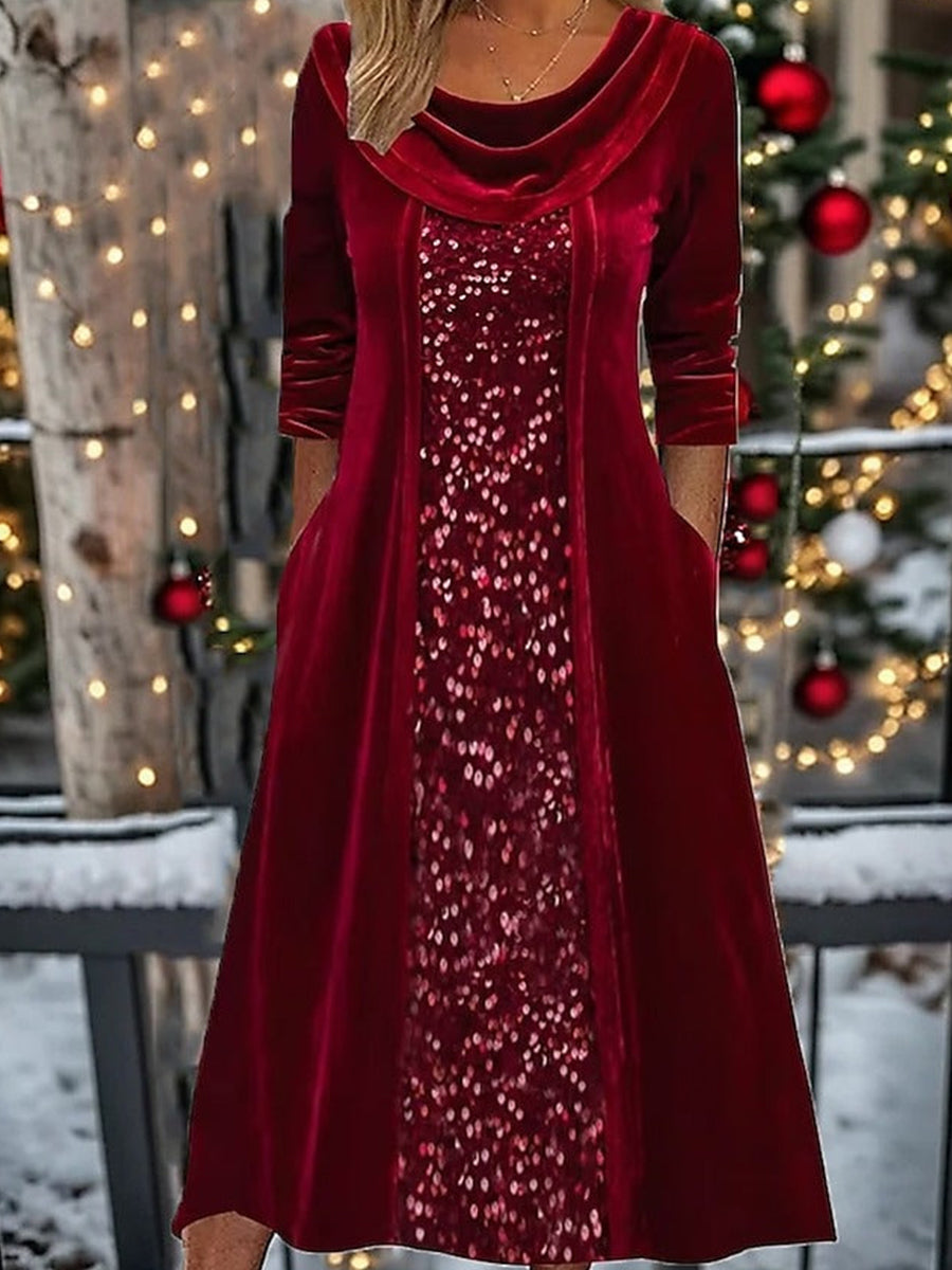 Christmas Party Velvet Wine Red Long Sleeve Dress