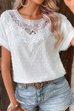 White Swiss Dot Hollow Floral Lace Round Neck Cuffed Short Sleeve Blouse