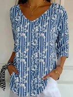 Blue Floral Stripe Print V-neck 3/4 Sleeve Top
