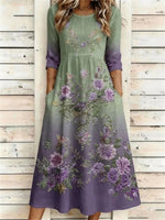 Vintage Floral Print Round Neck 3/4 Sleeve Dress