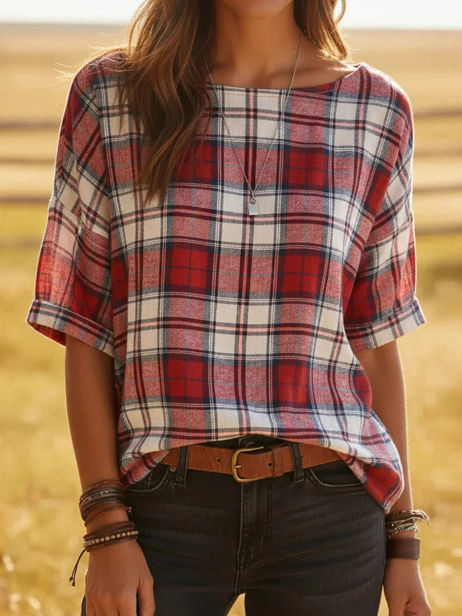 Red Plaid Boat Neck Short Sleeve Blouse