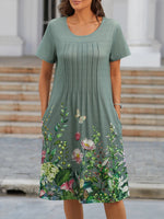 Green Casual Round Neck Short Sleeve Floral Printed Dresses