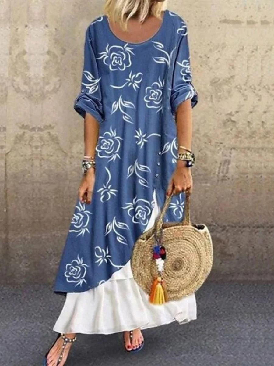 Blue Casual Round Neck Floral Printed Long Sleeve Dresses
