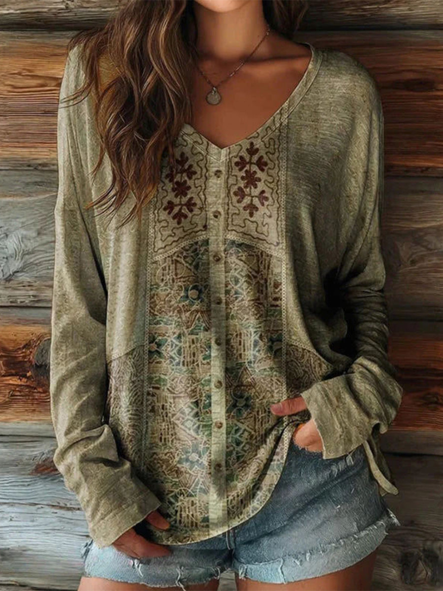 Vintage Casual V-neck Long Sleeve Blouse