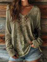 Vintage Casual V-neck Long Sleeve Blouse