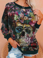 Multi Casual Graphic Tops Round Neck Long Sleeve Skull Printed Halloween Sweatshirt