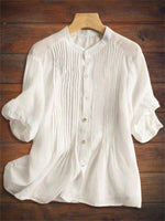 Women?ˉs Pleated Front Button Up Puff Sleeve Loose Fit Blouse
