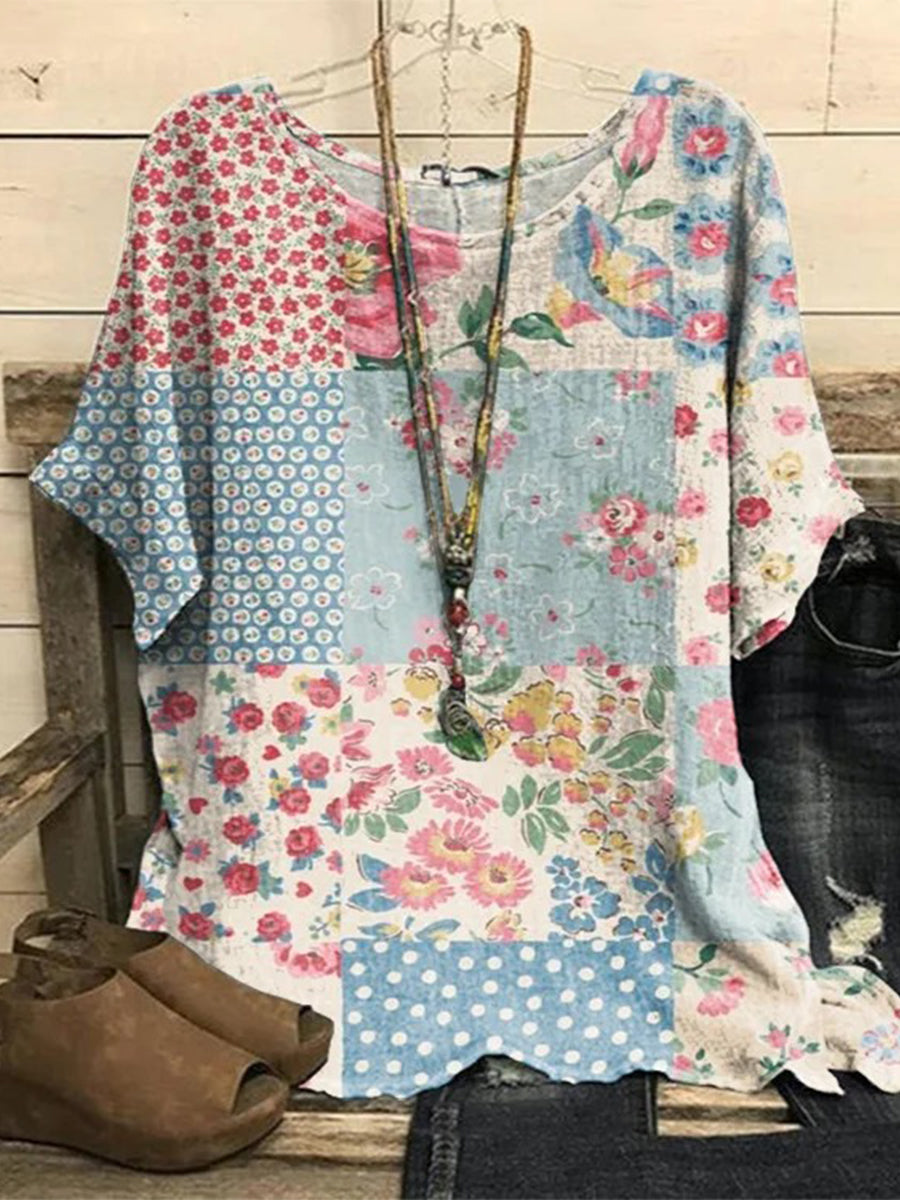 Retro Floral Crew Neck Short Sleeve Top