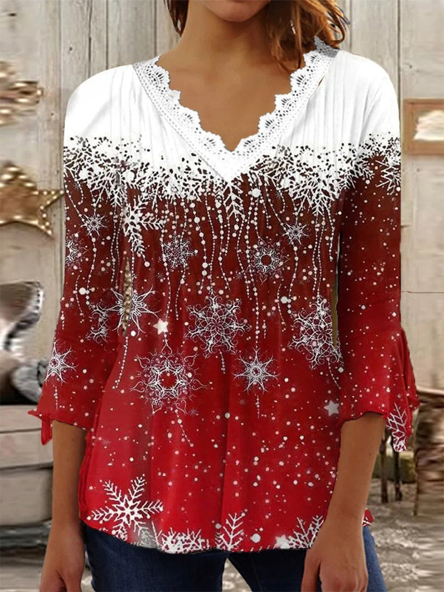 3/4 Sleeve V-neck Snowflake Printed Lace Christmas Tops