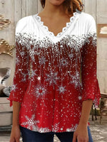 3/4 Sleeve V-neck Snowflake Printed Lace Christmas Tops