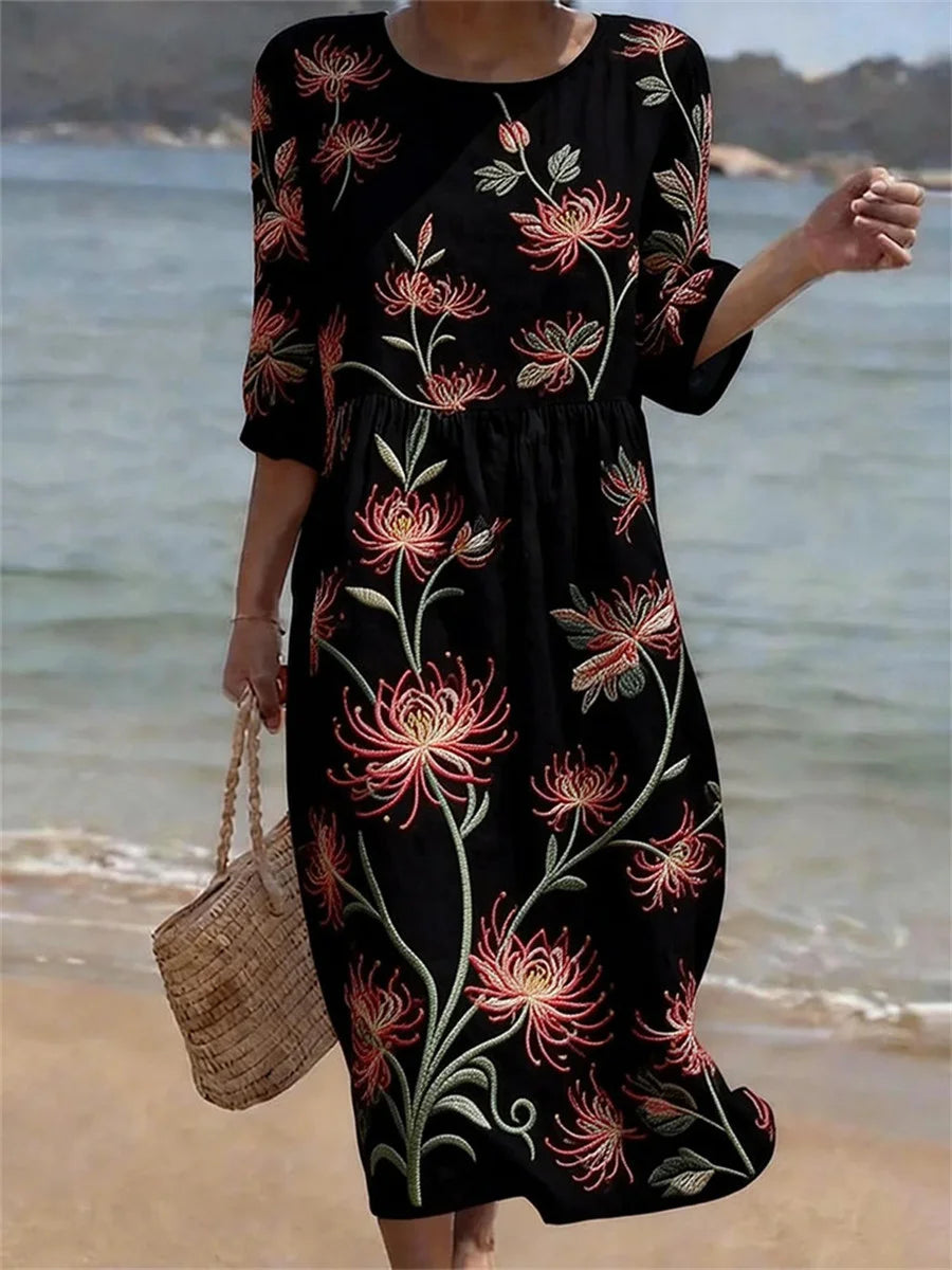 Vintage Floral Art Pattern Loose Round Neck 3/4 Sleeve Dress